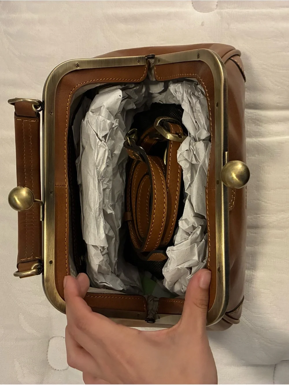 Structured Tan Leather Kiss-Lock Wristlet Clutch